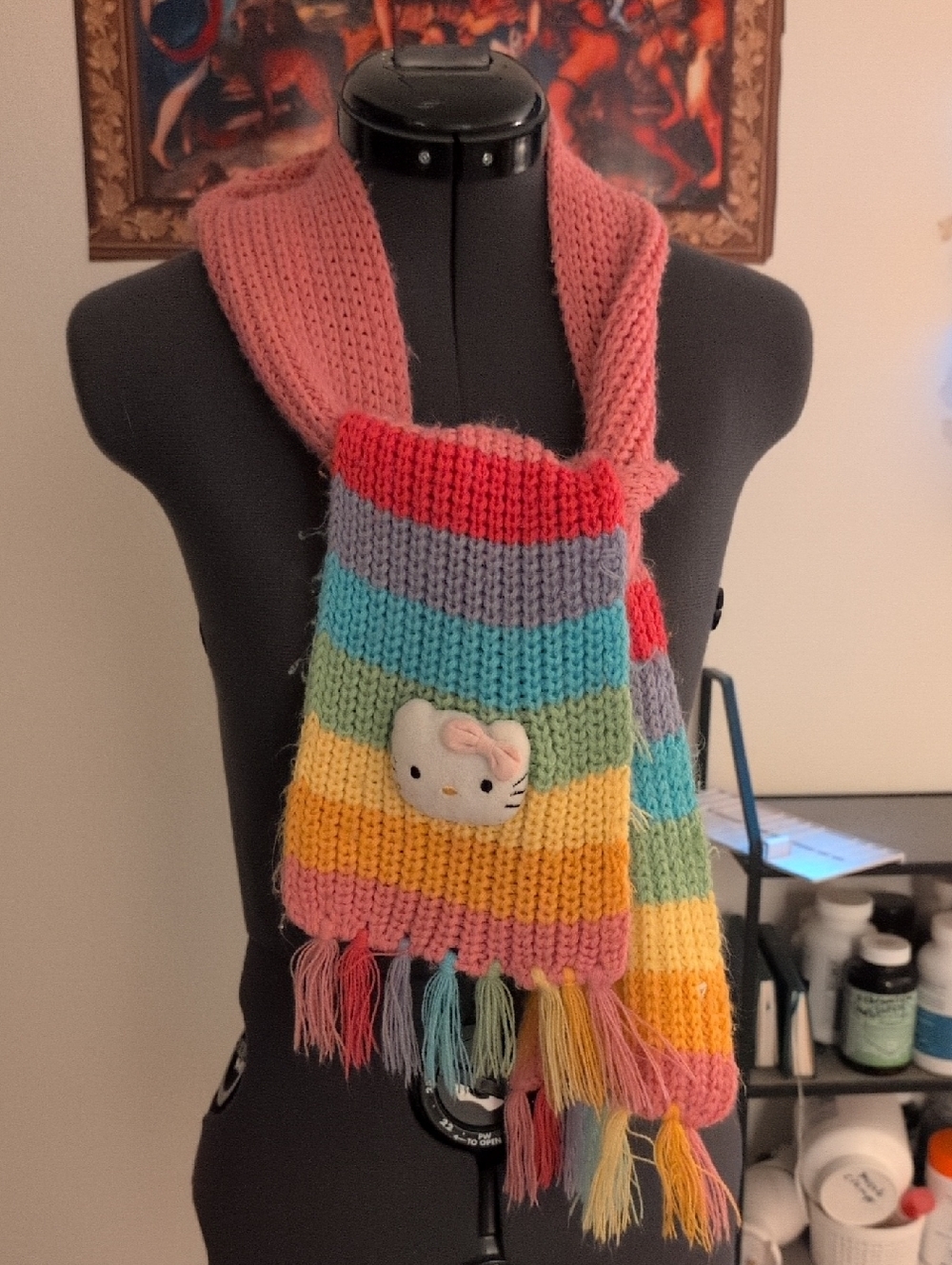 Kawaii Rainbow Stripe Knit Scarf w/ Hello Kitty Patch Pastel Fringe Y2K